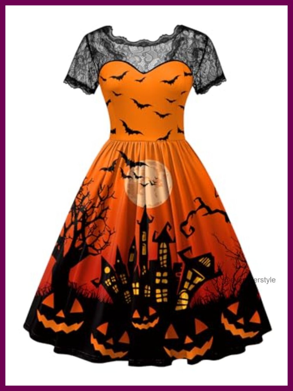 Women Halloween Costume Vintage Lace Short Sleeve A-Line Witch Dress